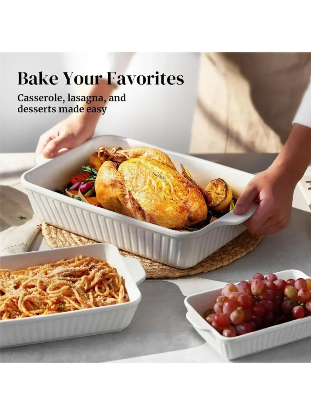 Ceramic Casserole Baking Dishes Set of 3 - Deep Lasagna Pan with Handles, White
